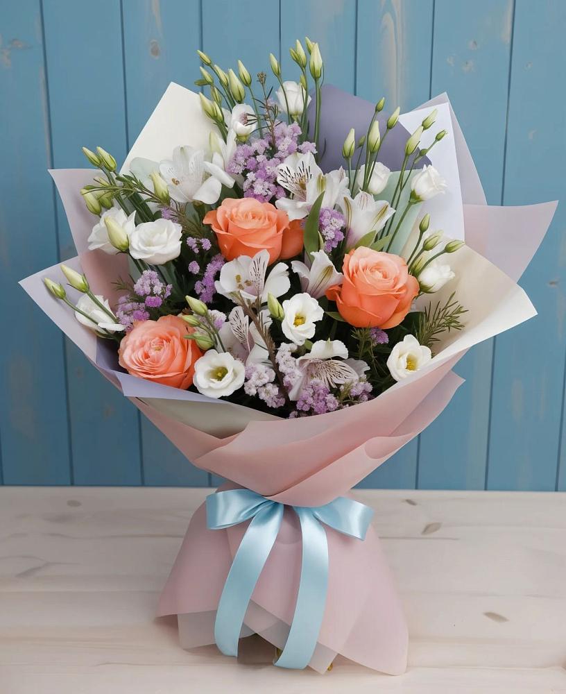 Букет цветов из: Лизиантусы, Розы, Альстромерии и Гипсофила в Покровское