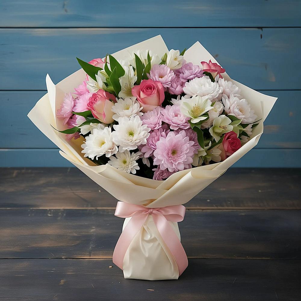 Букет цветов из: Хризантемы, Альстромерии и Розы в Покровское